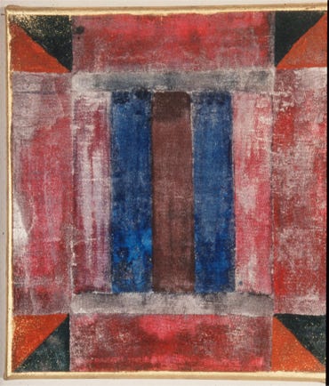 Ein Bild aus der Seie "Gedanken zum Ornament", 42 x 42 cm, Öl auf Leinwand, rot. blau schwarz, silber bilden ornamentale Muster